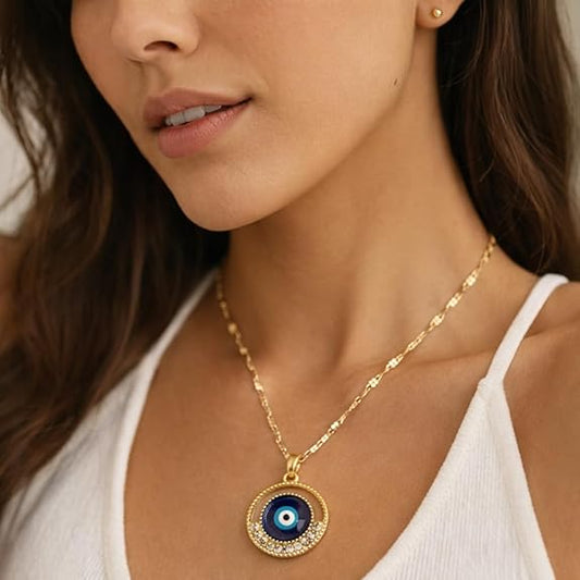 Gold Finish Blue Evil Eye Necklace – Anti-Tarnish