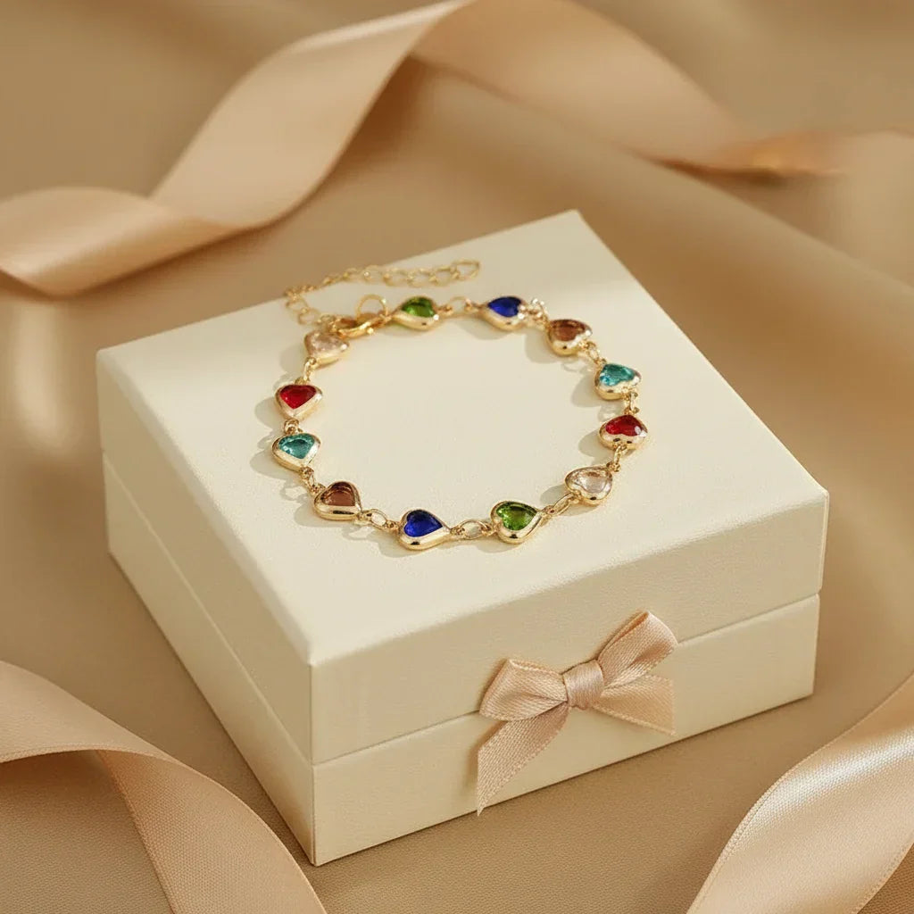 Flowra rainbow heart charm bracelet colorful crystal jewelry.