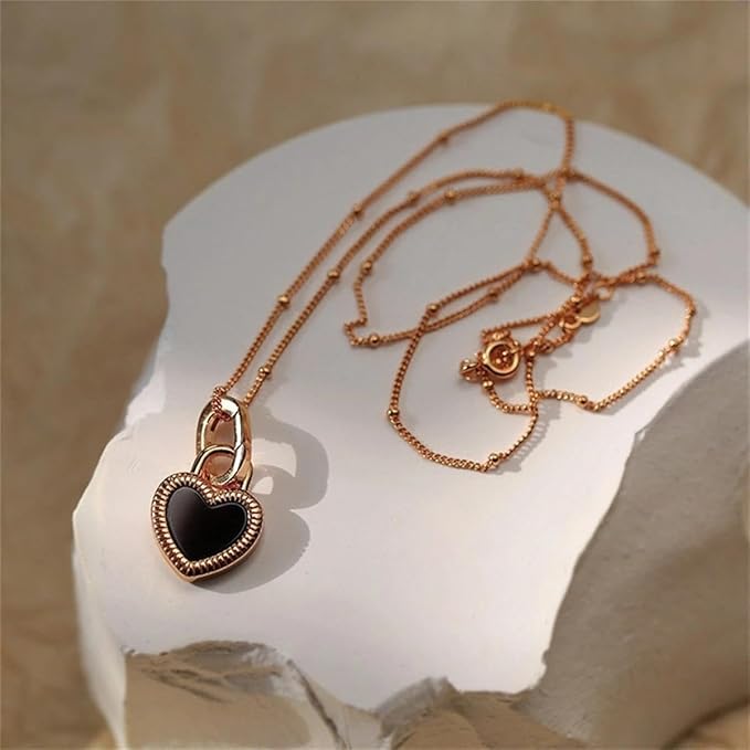 Gold Black White Double-Sided Heart Titanium Steel Necklace