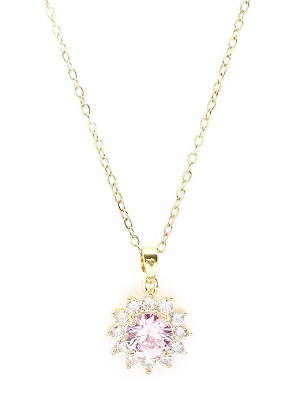 Gold Plated Pink CZ Floral Pendant Necklace