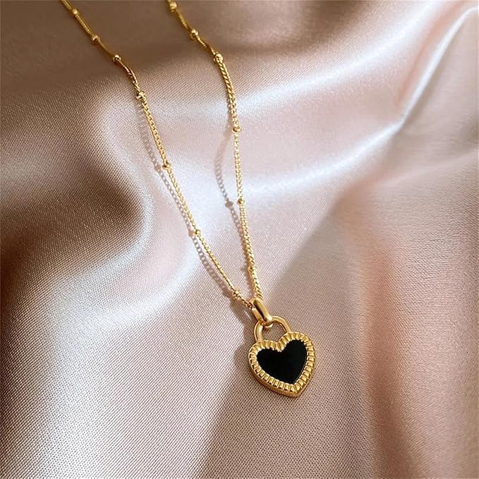 Gold Black White Double-Sided Heart Titanium Steel Necklace