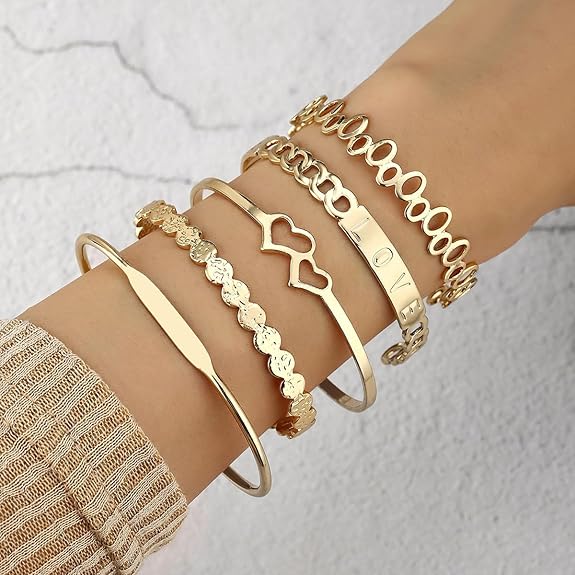 Gold Stackable Cuff Bracelet Set Non Tarnish Minimalist
