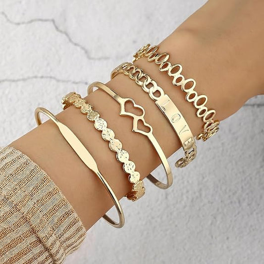 Gold Stackable Cuff Bracelet Set Non Tarnish Minimalist