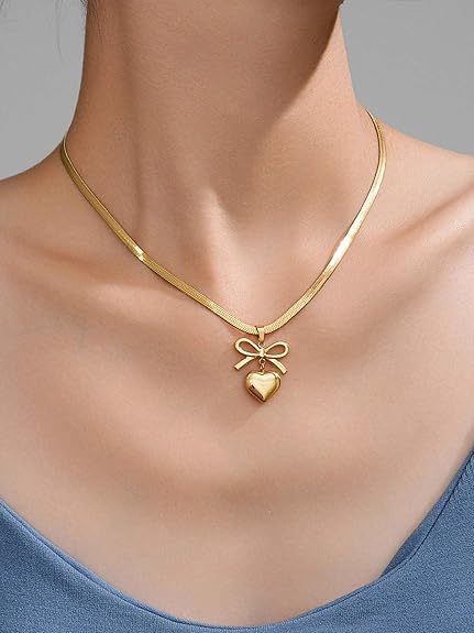 Gold Plated Bow Knot Heart Pendant Chain