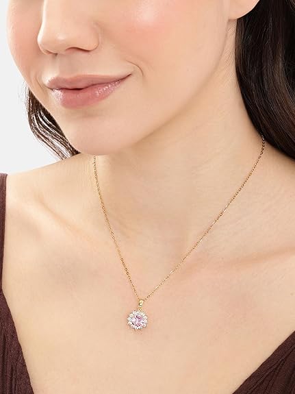 Gold Plated Pink CZ Floral Pendant Necklace
