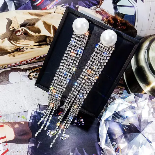 Rhinestone Long Tassel Pearl Crystal Chandelier Drop Earrings