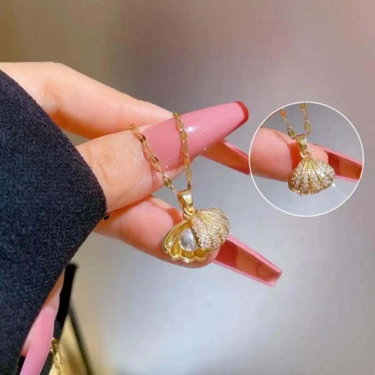 Pearl & Shell Motif Locket Set – Gold Stainless Steel