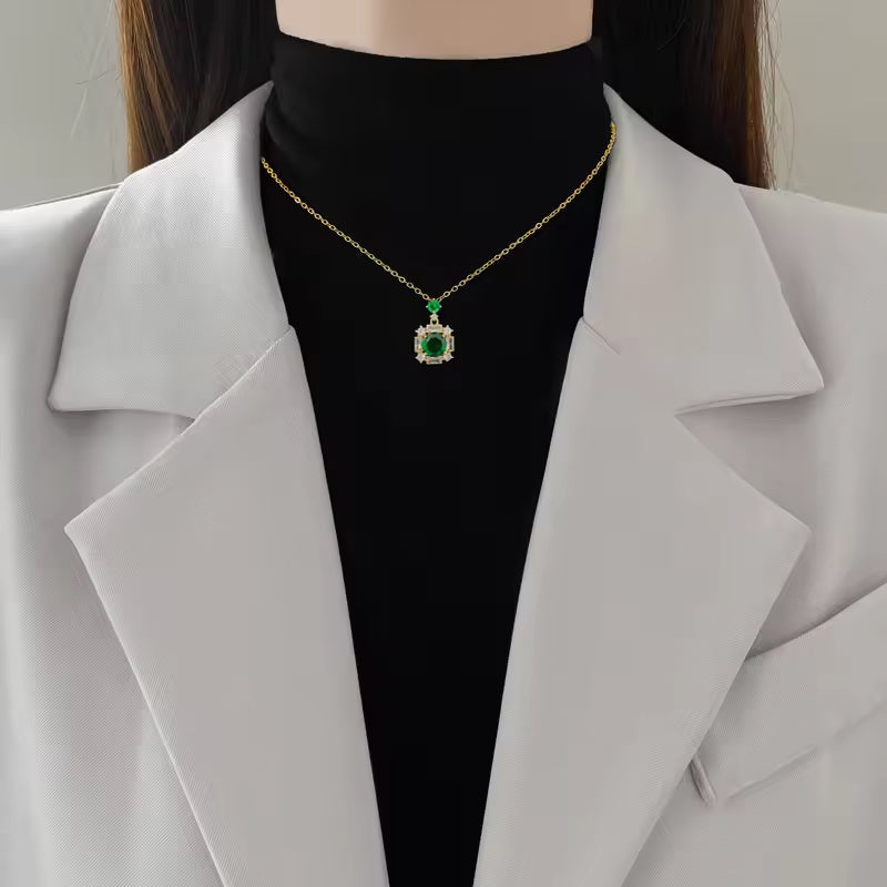 Green Emerald Crystal Necklace – 18K Gold Plated Steel