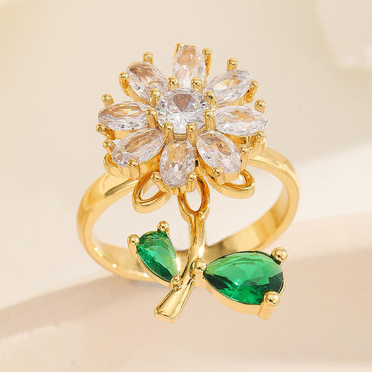 Gold Plated Flower Spinner Green Leaf Ring