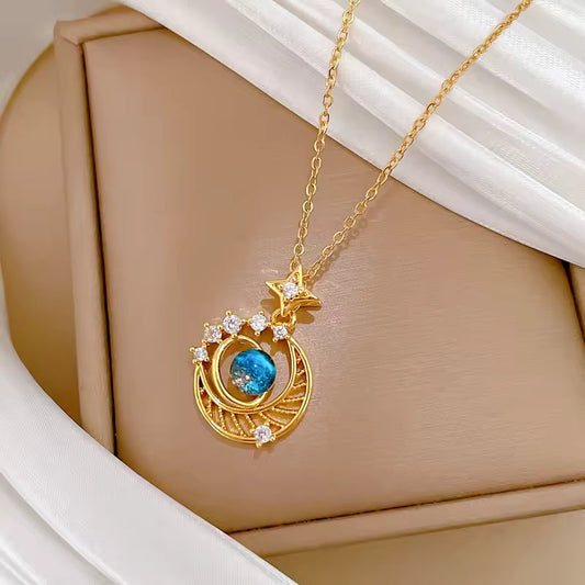 Gold Plated Planet Moon Star Crystal Galaxy Necklace