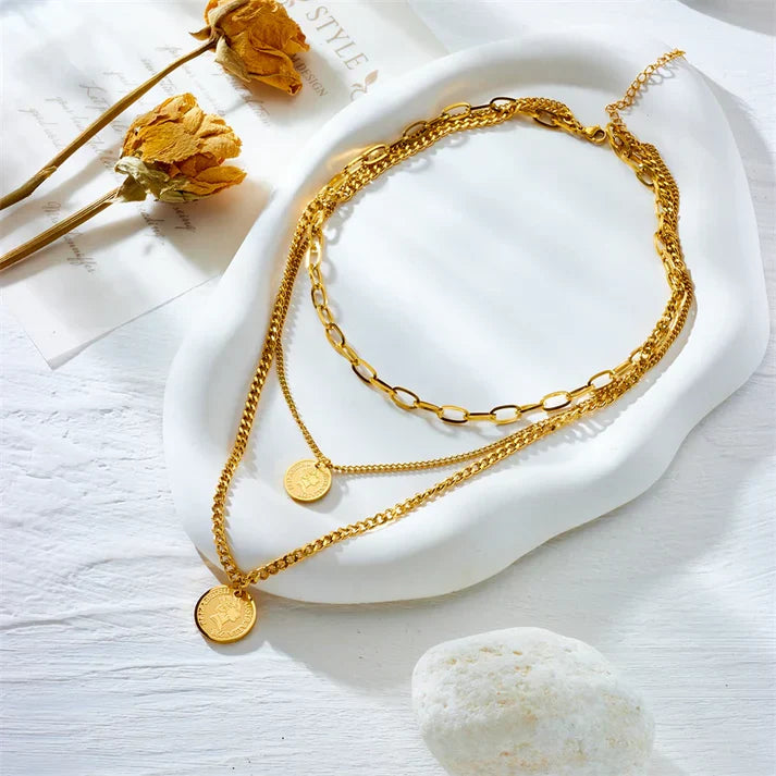Stainless Steel Coin Layer Bracelet Necklace Set