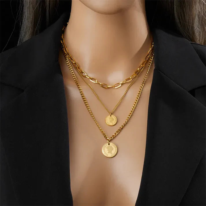 Stainless Steel Coin Layer Bracelet Necklace Set