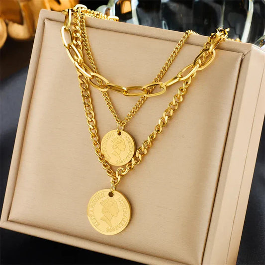 Stainless Steel Coin Layer Bracelet Necklace Set