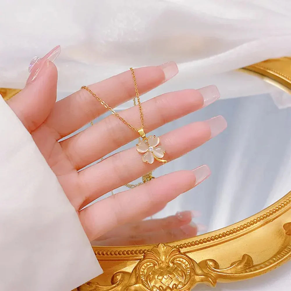 Gold Plated White Petal Four Leaf Clover Necklace