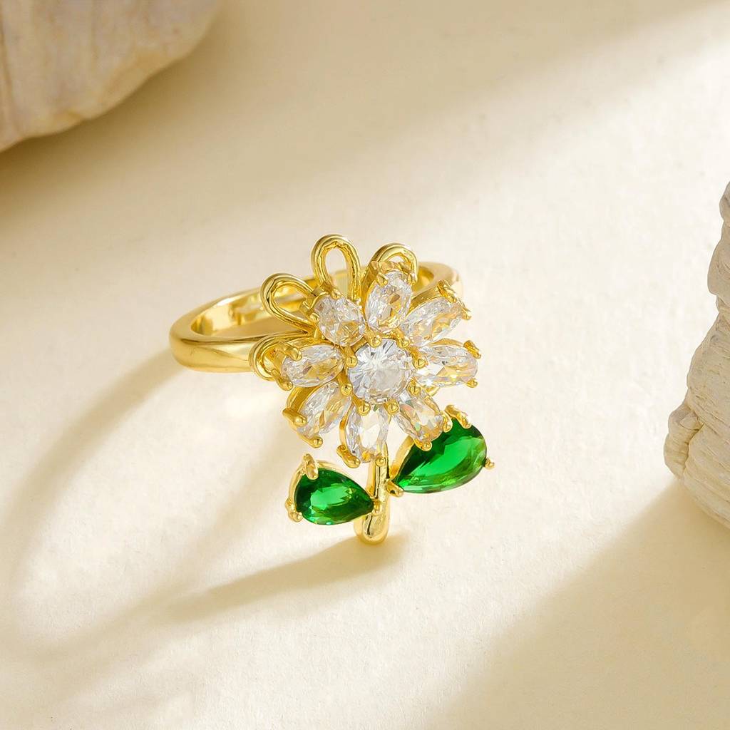 Gold Plated Flower Spinner Green Leaf Ring