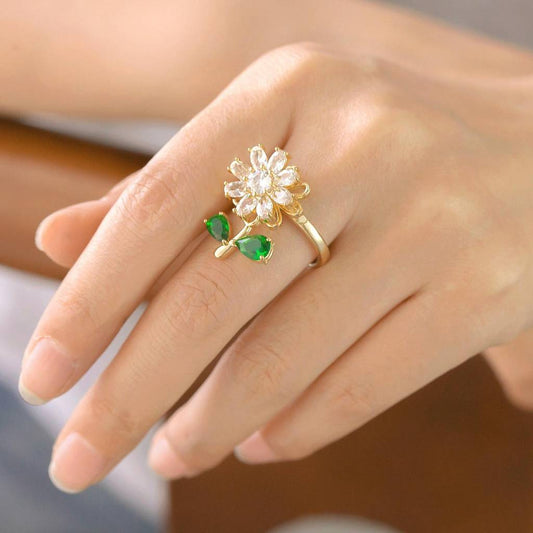 Gold Plated Flower Spinner Green Leaf Ring